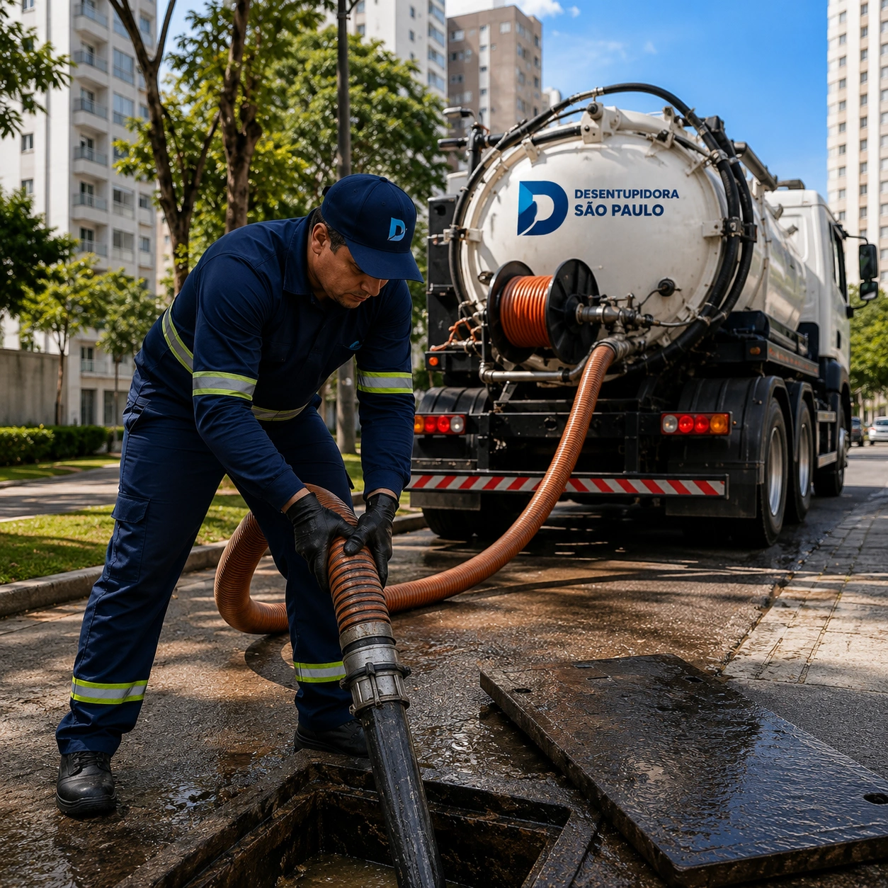 Técnico da Desentupidora São Paulo 24 Horas desobstruindo rede de esgoto com caminhão hidrovácuo