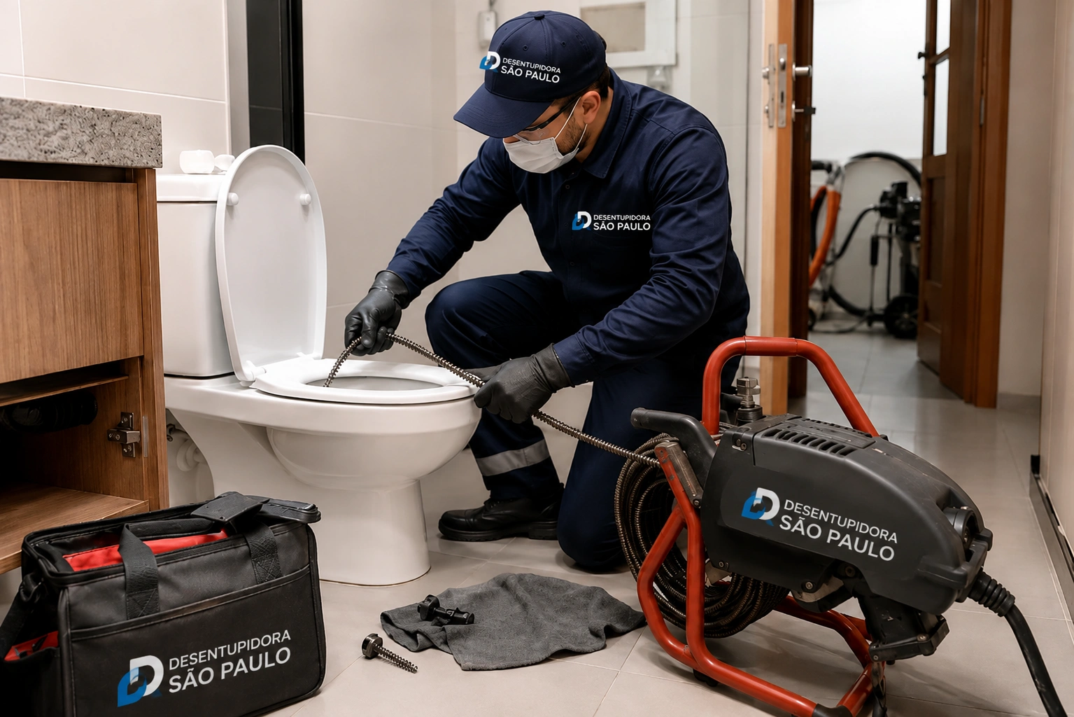 Técnico da Desentupidora São Paulo 24 Horas desentupindo vaso sanitário em banheiro de cliente