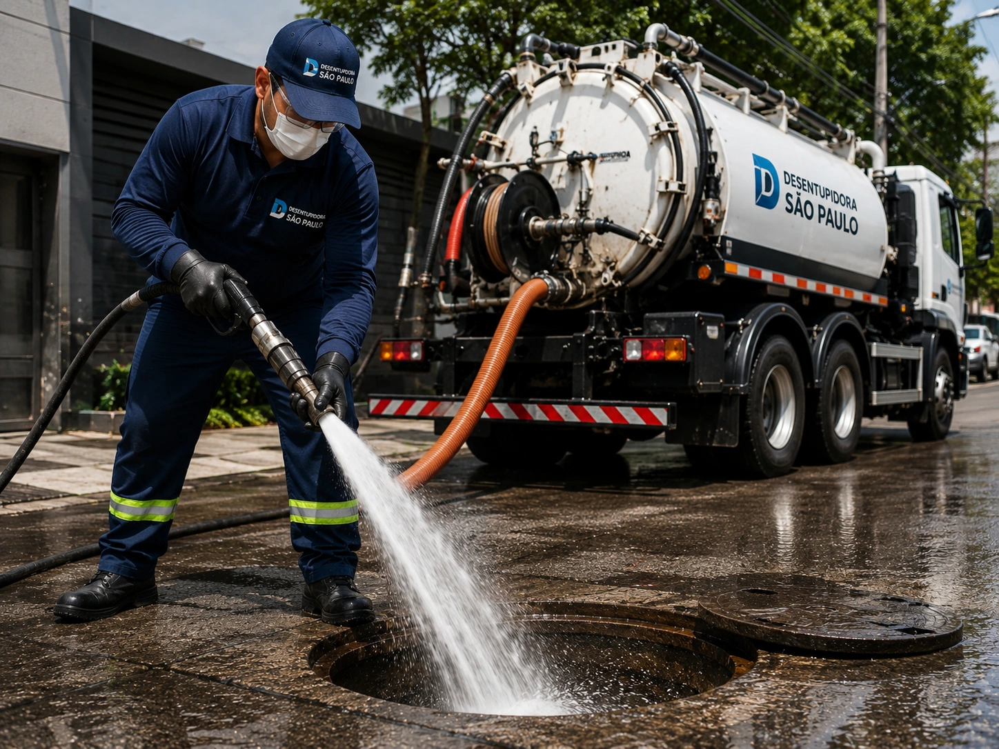 Técnico da Desentupidora São Paulo 24 Horas fazendo hidrojateamento de tubulação, com caminhão da empresa ao fundo