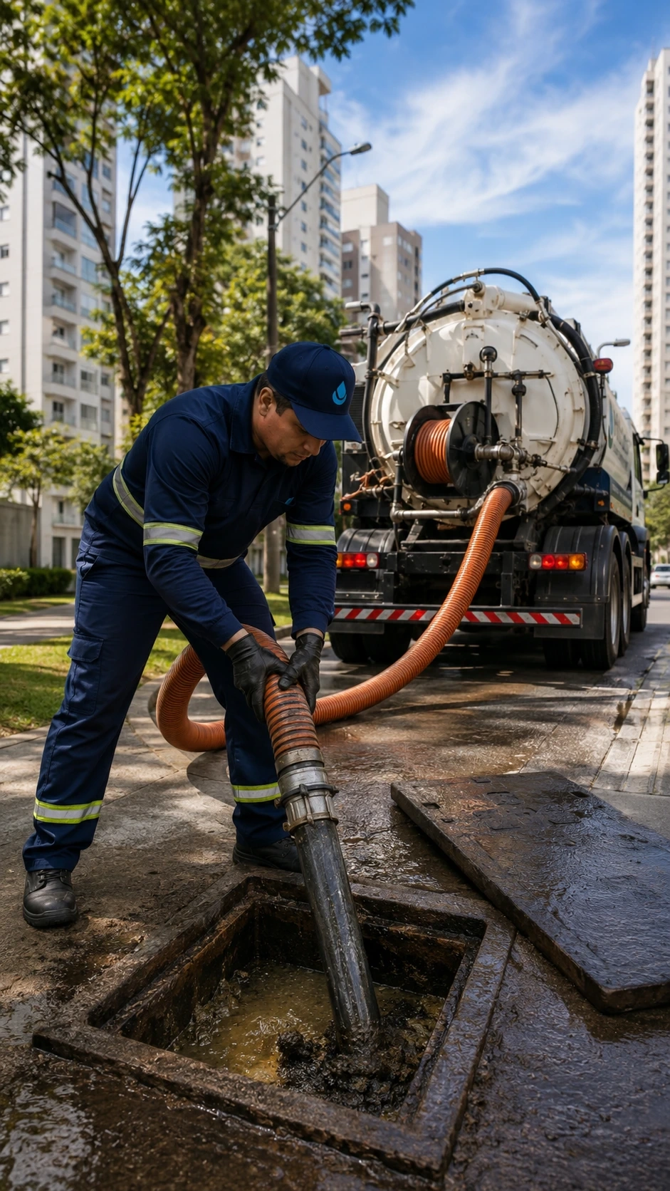 Técnico esgotando fossa com caminhão hidrovácuo em condomínio de São Paulo