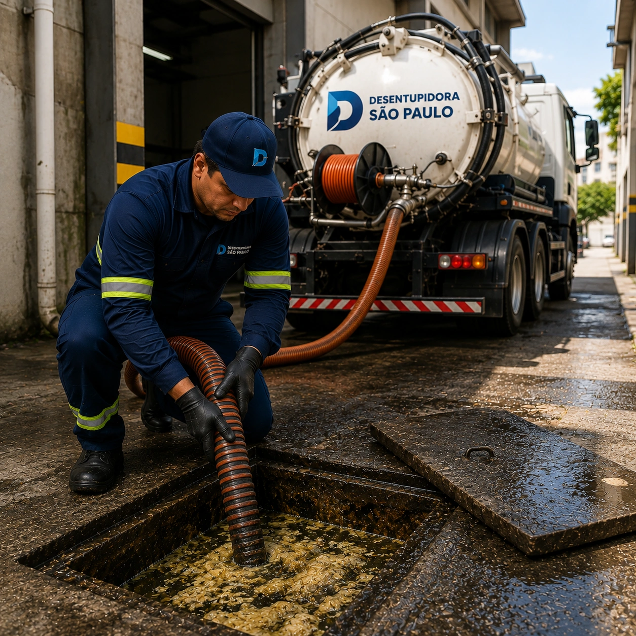 Técnico da Desentupidora São Paulo 24 Horas esgotando caixa de esgoto com caminhão hidrovácuo