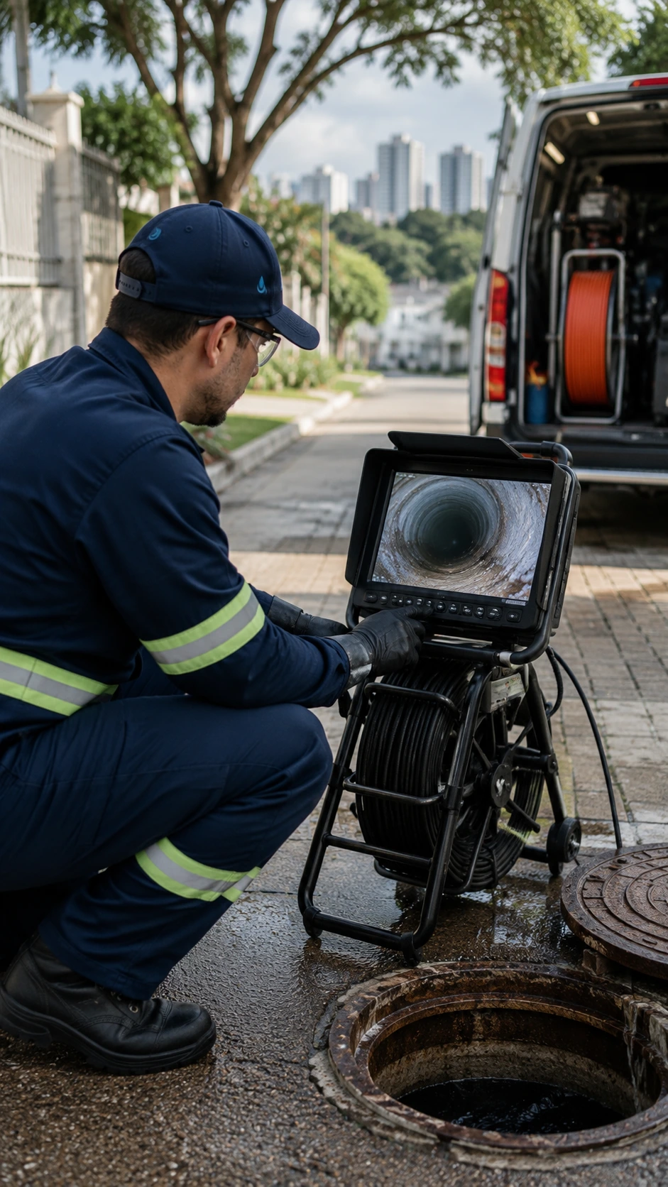 Técnico operando câmera de videoinspeção de tubulação com monitor mostrando o interior do cano em São Paulo